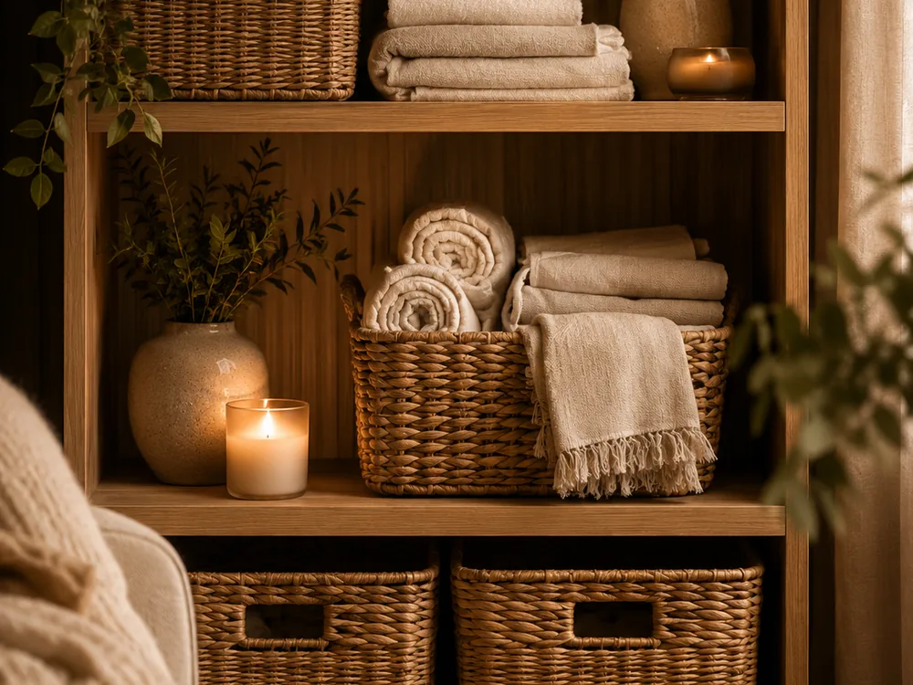 Woven storage baskets and folded linens
