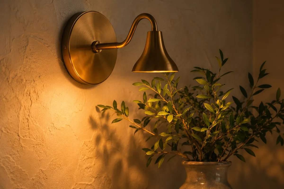 Warm wall light and greenery in a cozy home corner