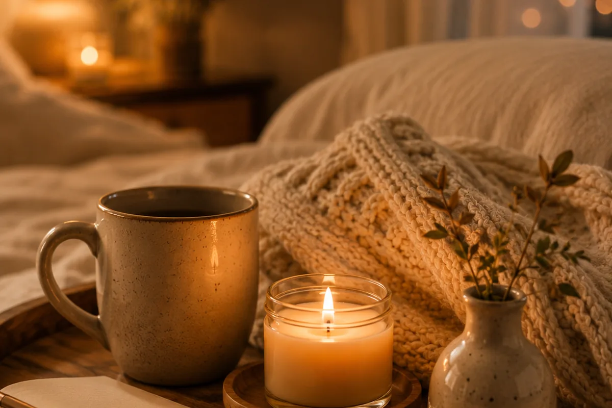 Simple evening rituals with candle and soft bedding