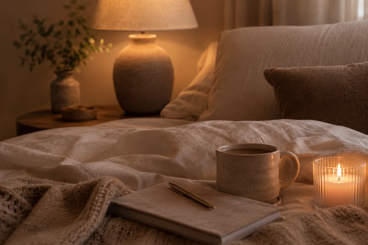 Evening reset journal, candle, mug, and soft bedding
