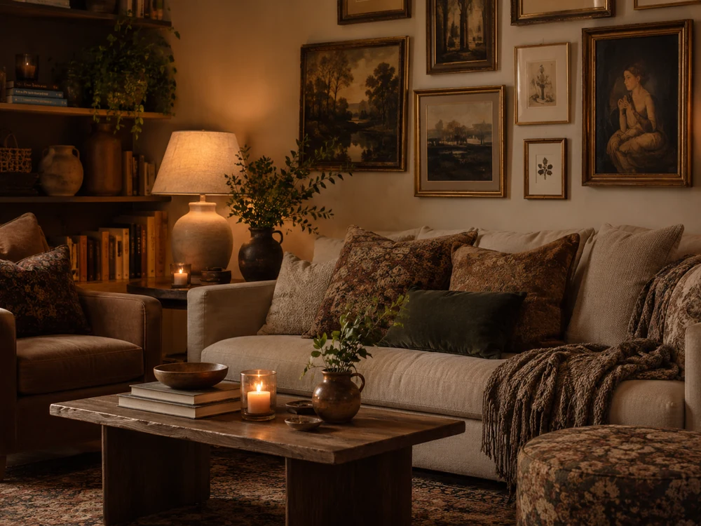 Cozy maximalist living room with gallery wall, layered pillows, plants, and warm lamp