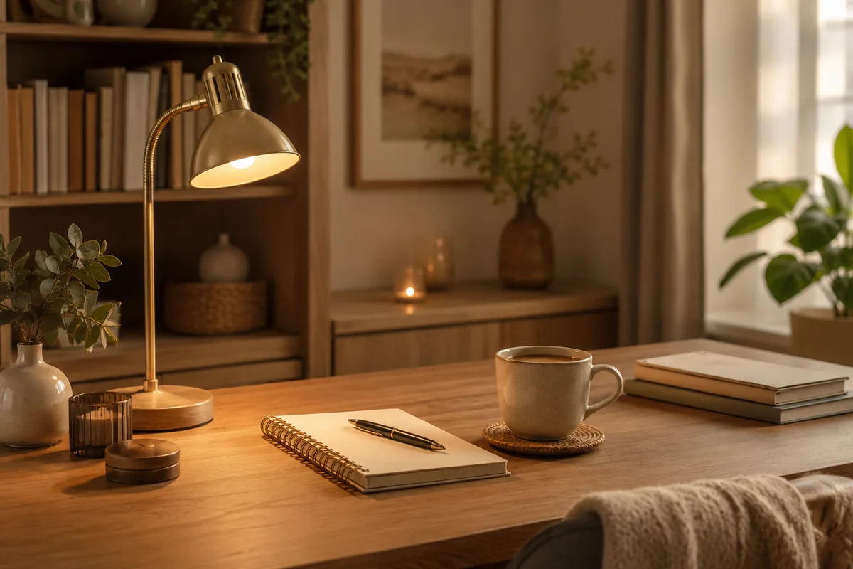 Warm desk lamp beside a notebook and mug in a calm workspace