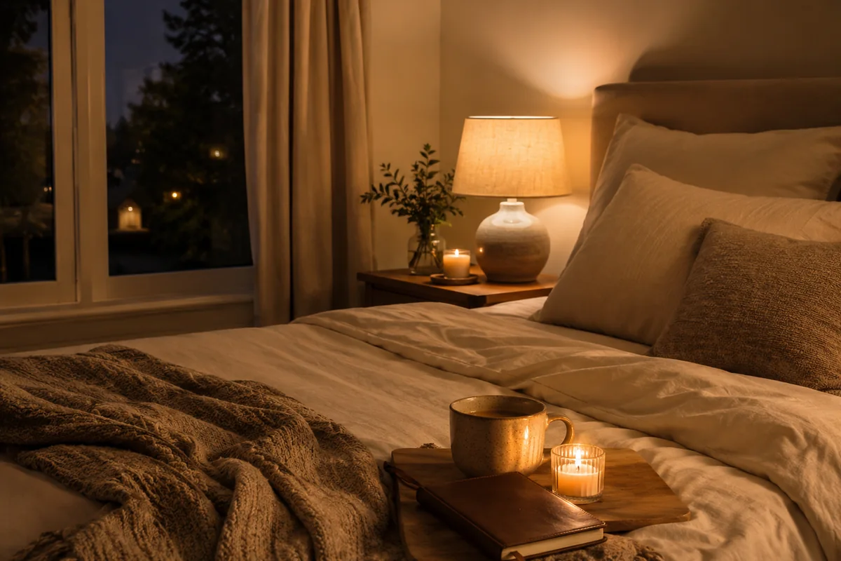 Peaceful evening desk reset with tray, candle, mug, and notebook