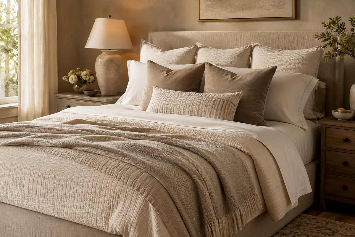 Soft neutral bedding with layered pillows and warm light