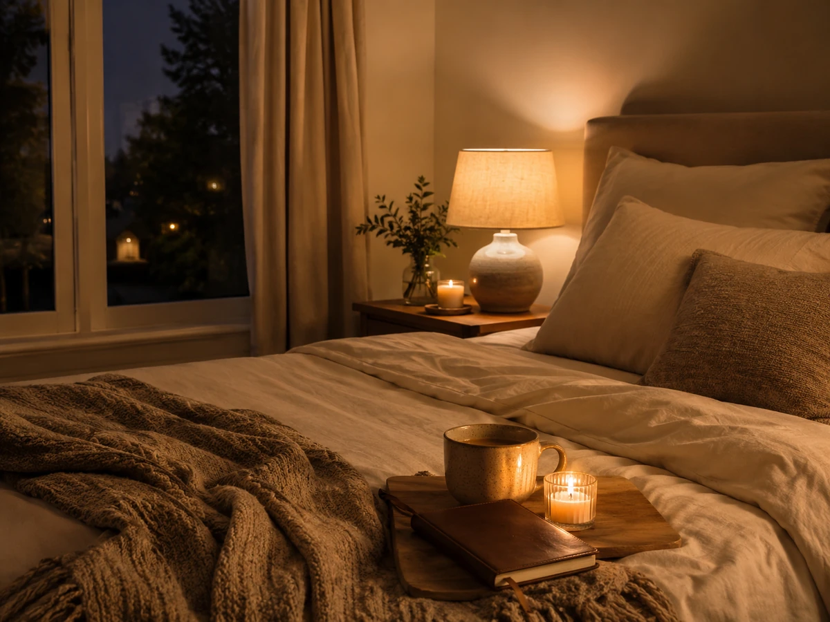 Warm bedside lamp and candle creating a calm evening bedroom atmosphere