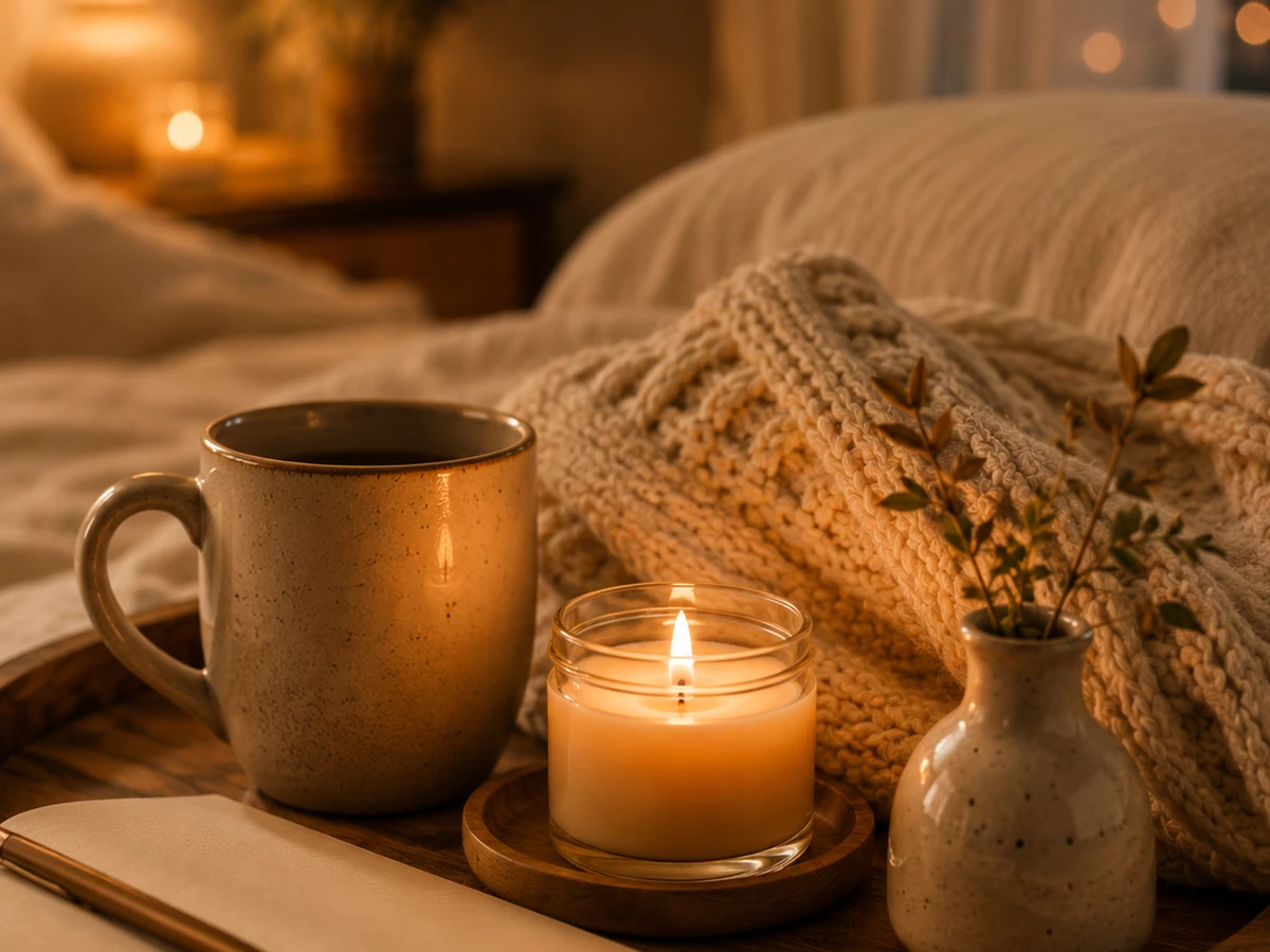 Notebook, candle, tea, and blanket arranged for a gentle evening reset routine