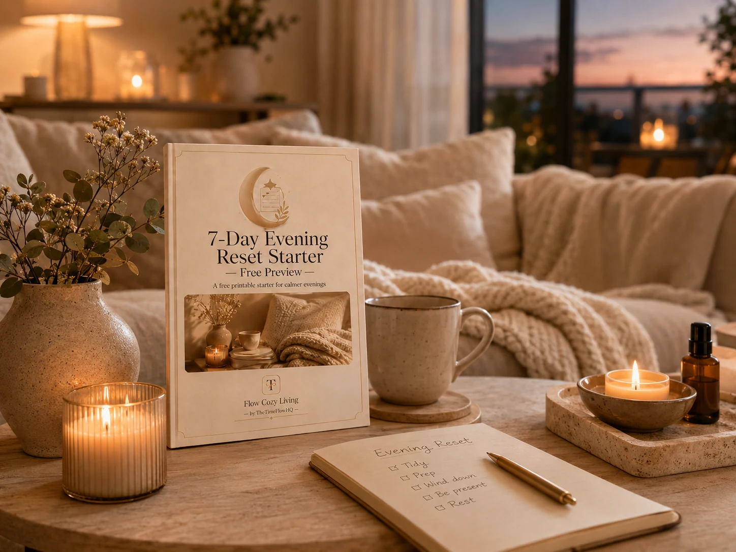 7-Day Evening Reset Starter preview displayed in a cozy evening living room with candle, mug, and checklist