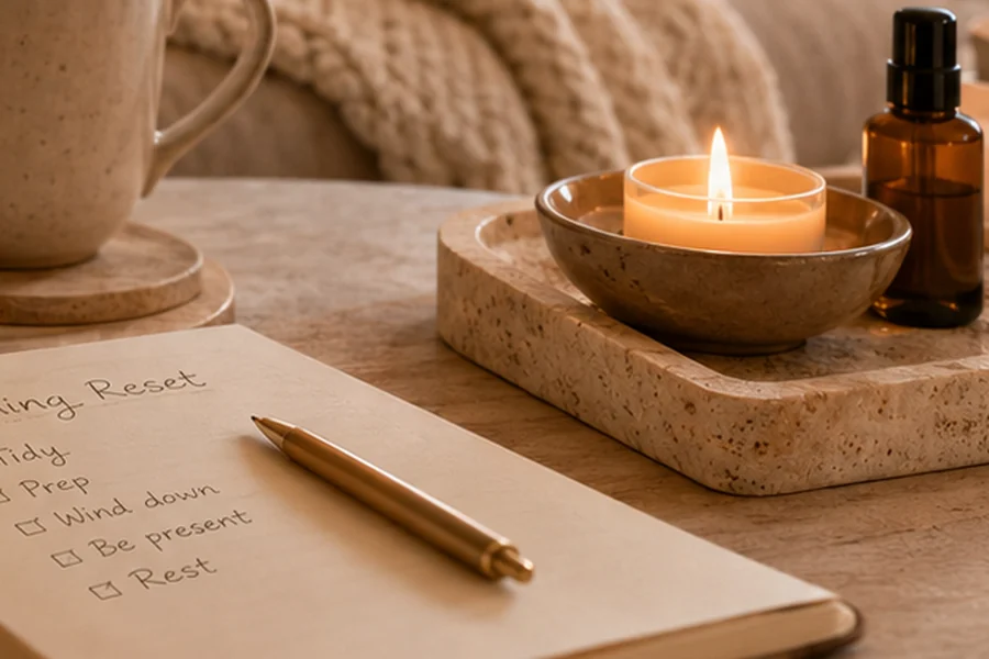 Evening reset checklist with tidy, prep, wind down, be present, and rest