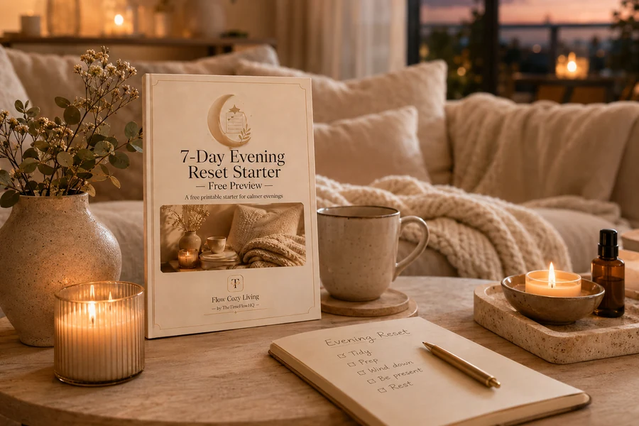 Cozy desk and evening reset atmosphere