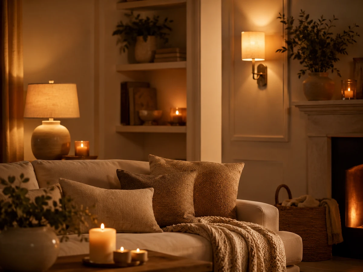 Warm neutral living room vignette with cozy lighting and soft metal accents