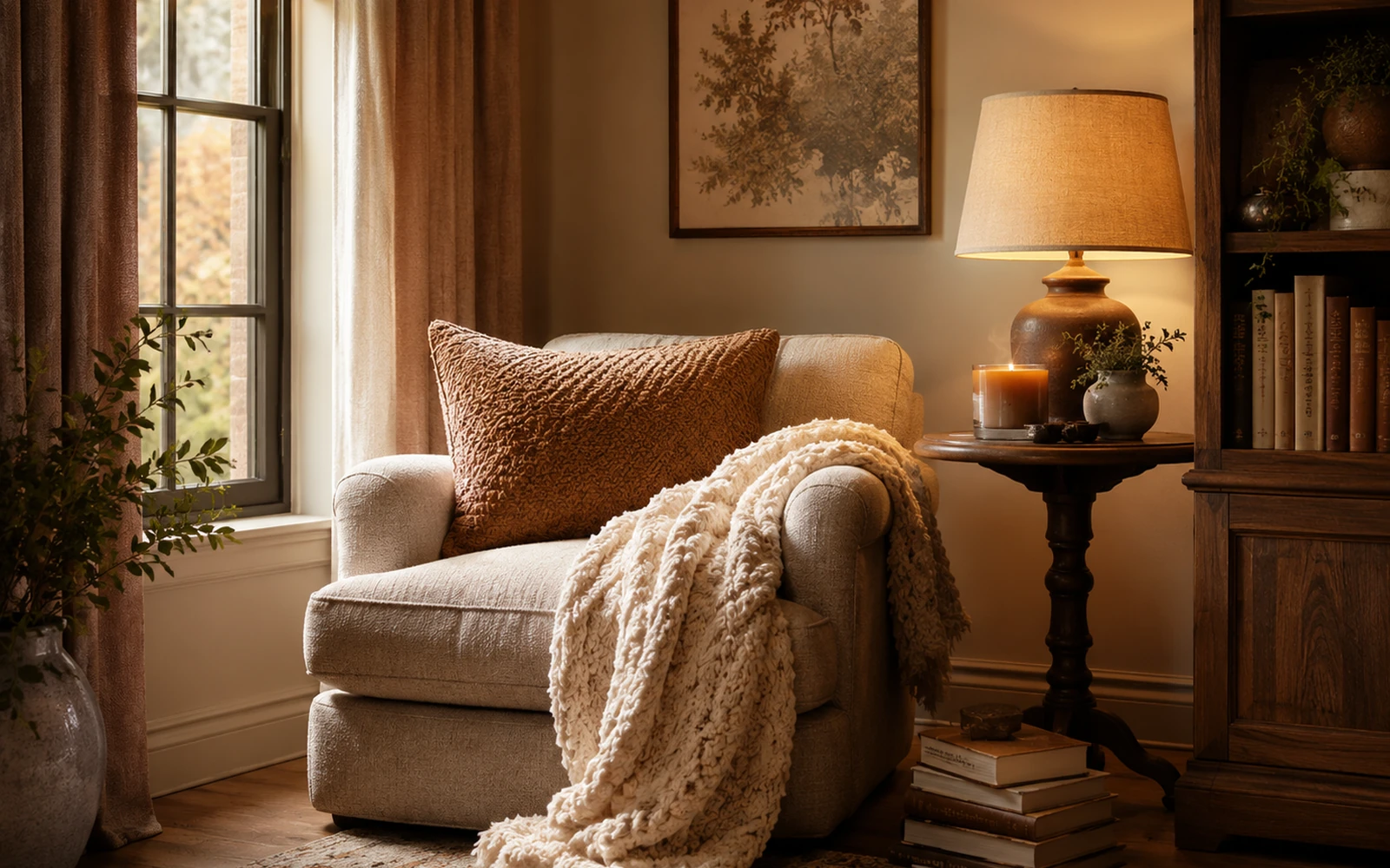 Cozy reading nook with warm lighting, armchair, books, and soft blanket