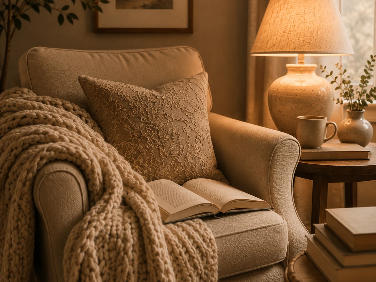 Comfortable reading chair with warm lamp and soft blanket