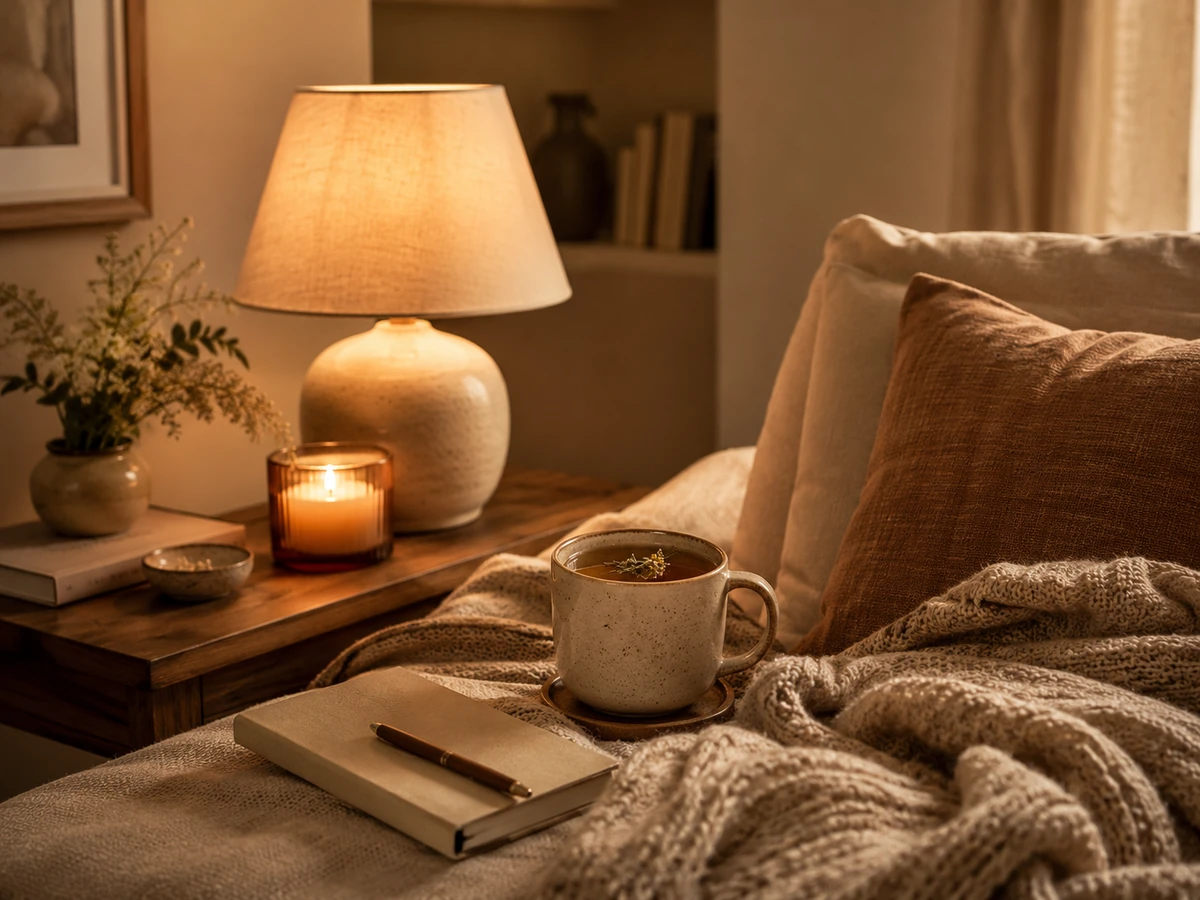 Side table with books and tea beside a cozy reading chair
