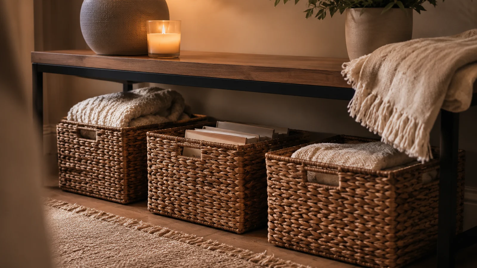 Cozy storage corner with woven baskets and soft neutral home decor
