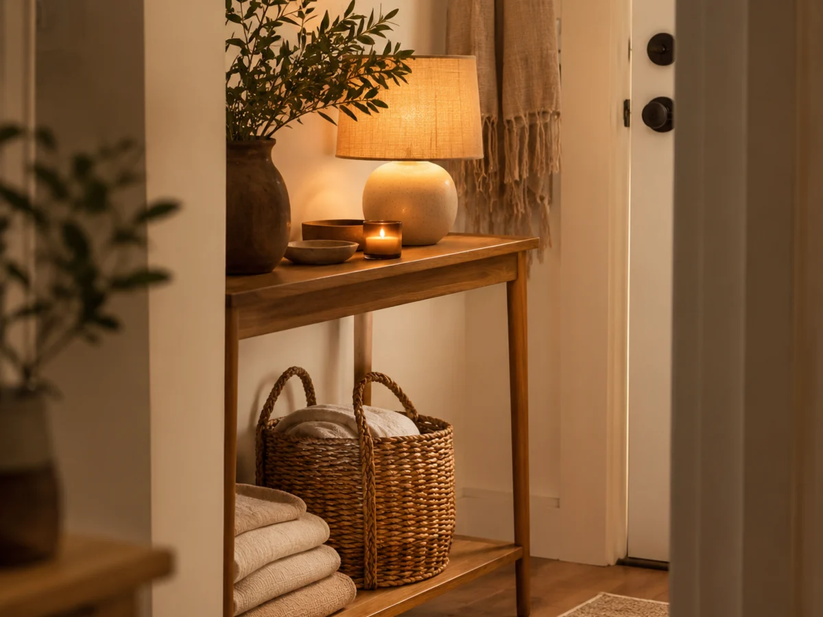 Minimal basket drop zone with warm organized home details