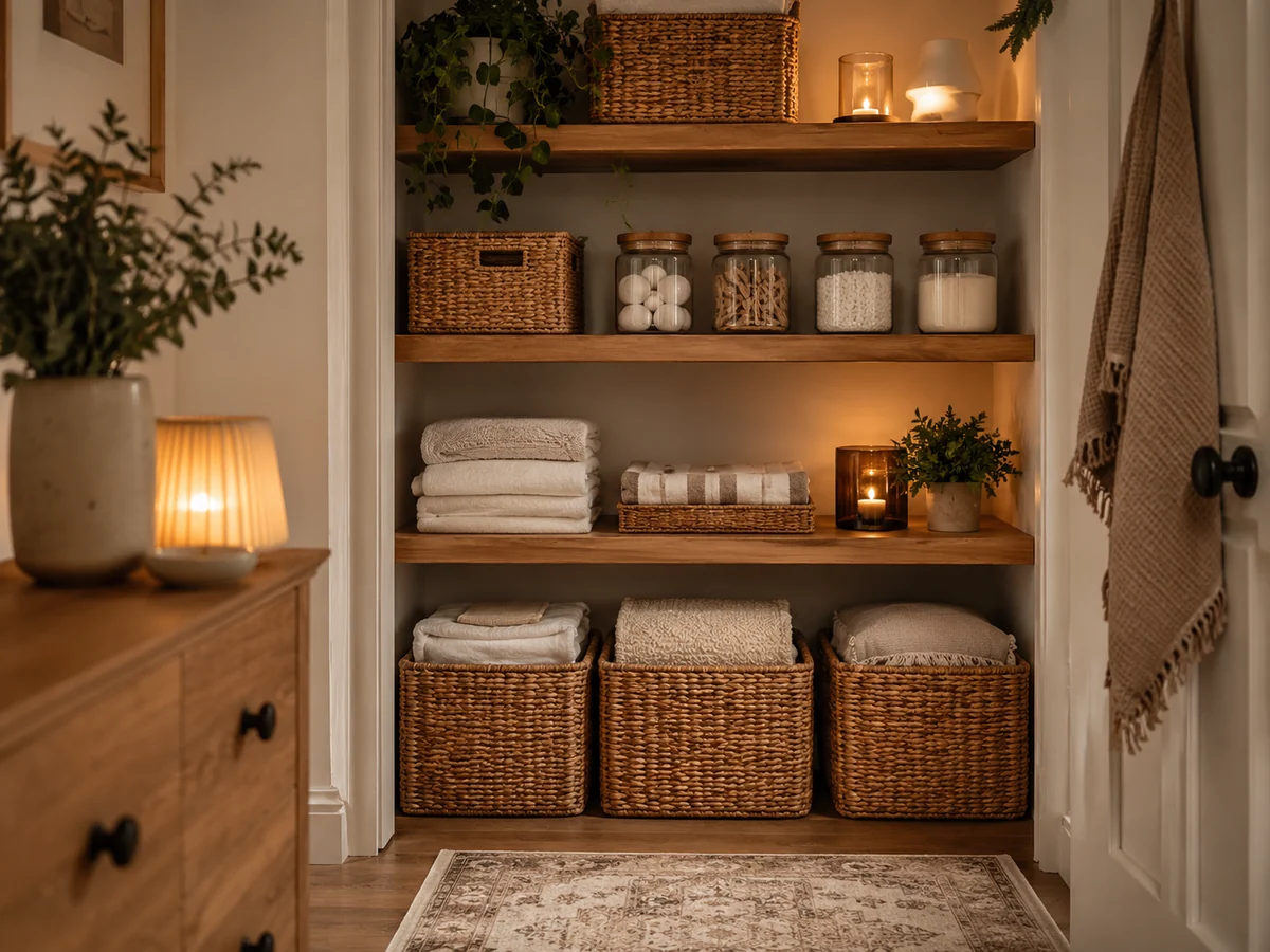 Neutral linen storage nook with cozy soft home styling