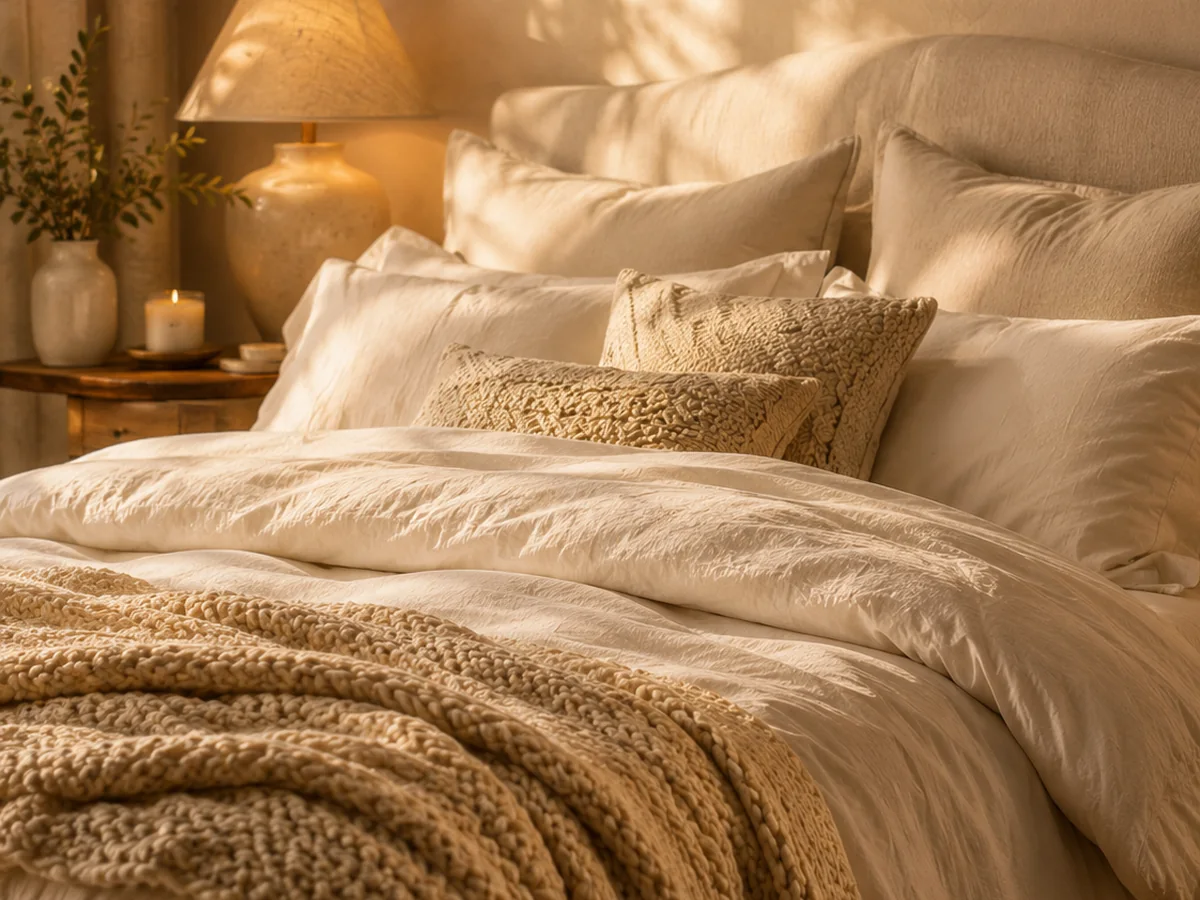 Cozy bedroom bathed in warm lamp light