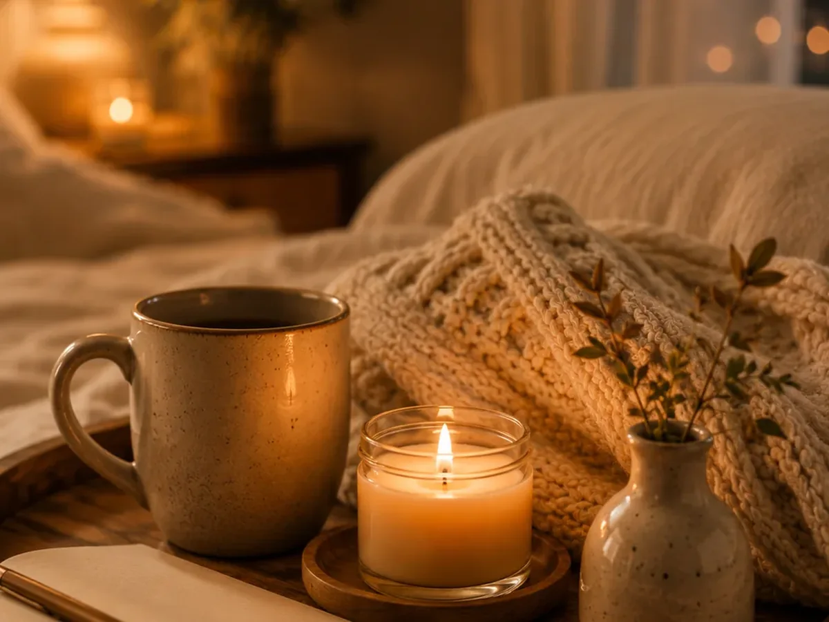 Candle tray with warm glow and soft evening texture