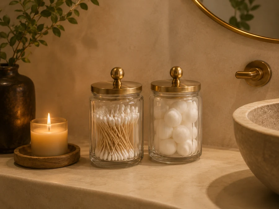 Glass jars with cotton swabs and cotton rounds with gold lids