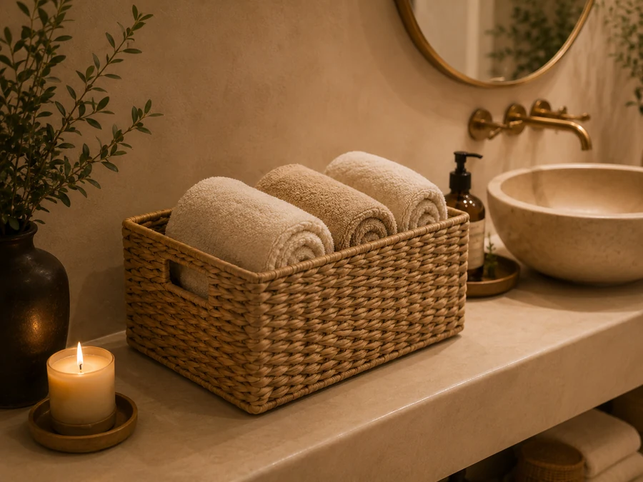 Woven storage basket with rolled towels for calm bathroom organization