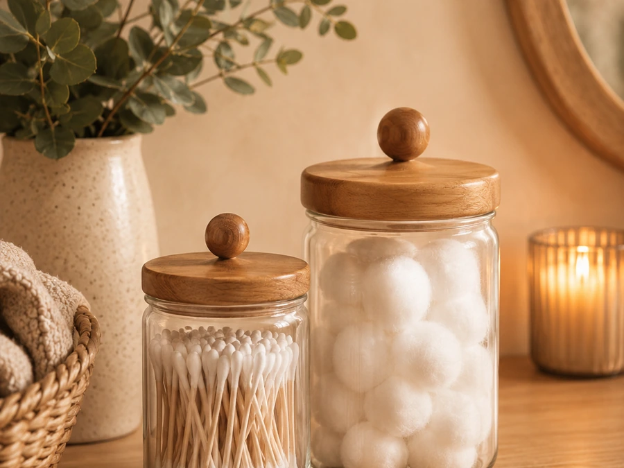 Bathroom calm essentials with candle and ceramic pieces.