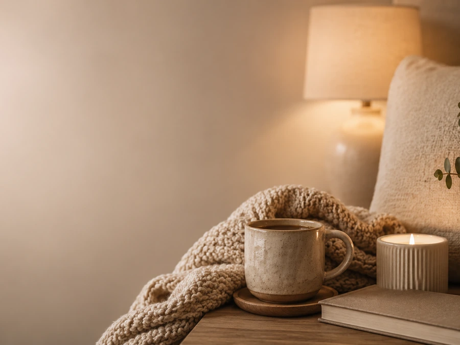 Mug, candle, book, and soft evening ritual scene.