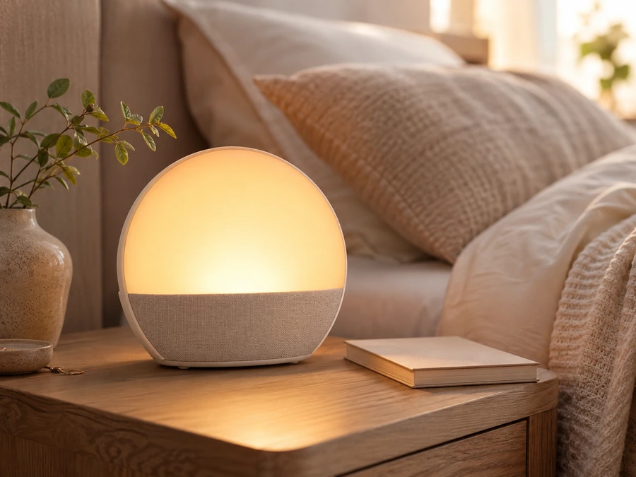 Cozy smart comfort scene with lamp and air device.