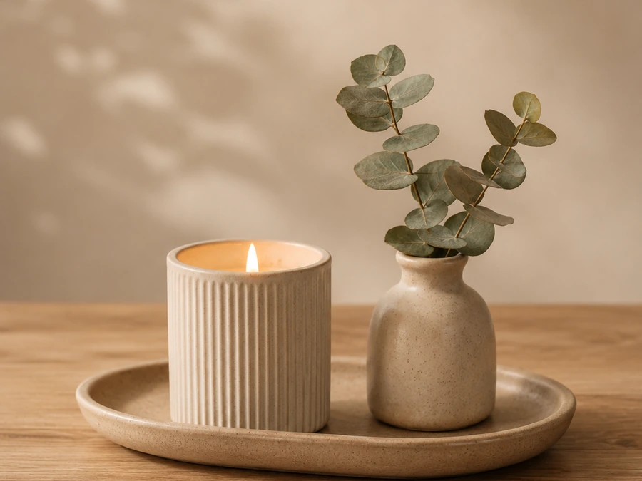 Ceramic candle with small vase on tray.