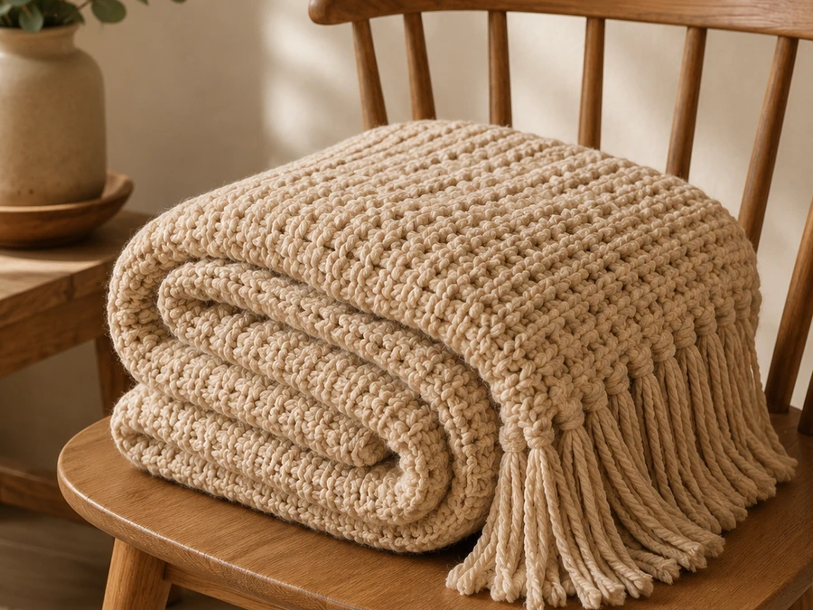 Chunky knit throw folded on a wooden chair.