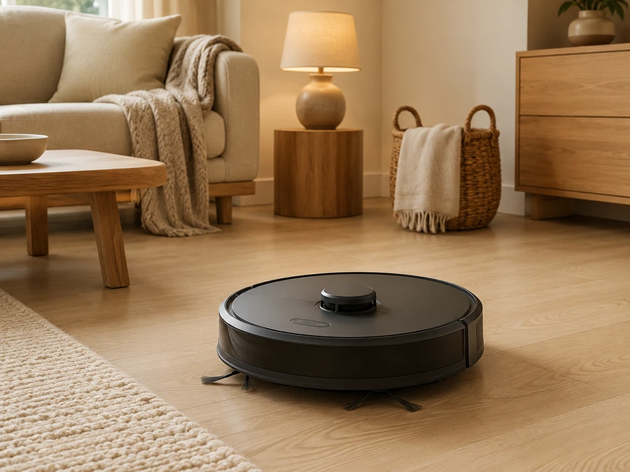 Robot vacuum in a calm living room.