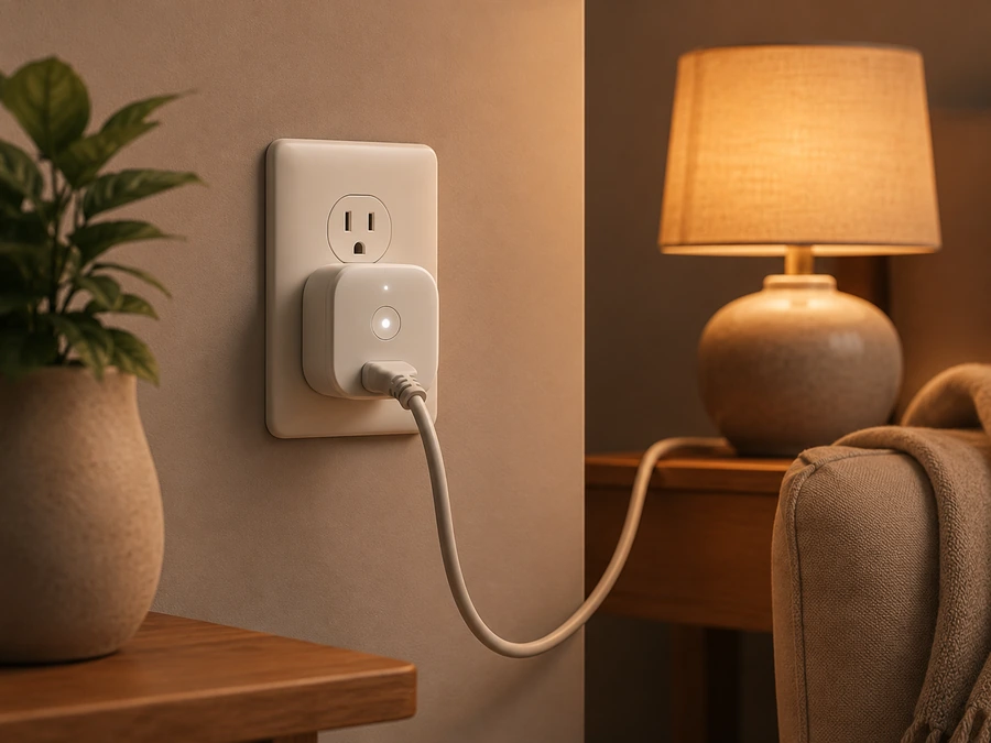 Smart plug set in a cozy bedside scene.