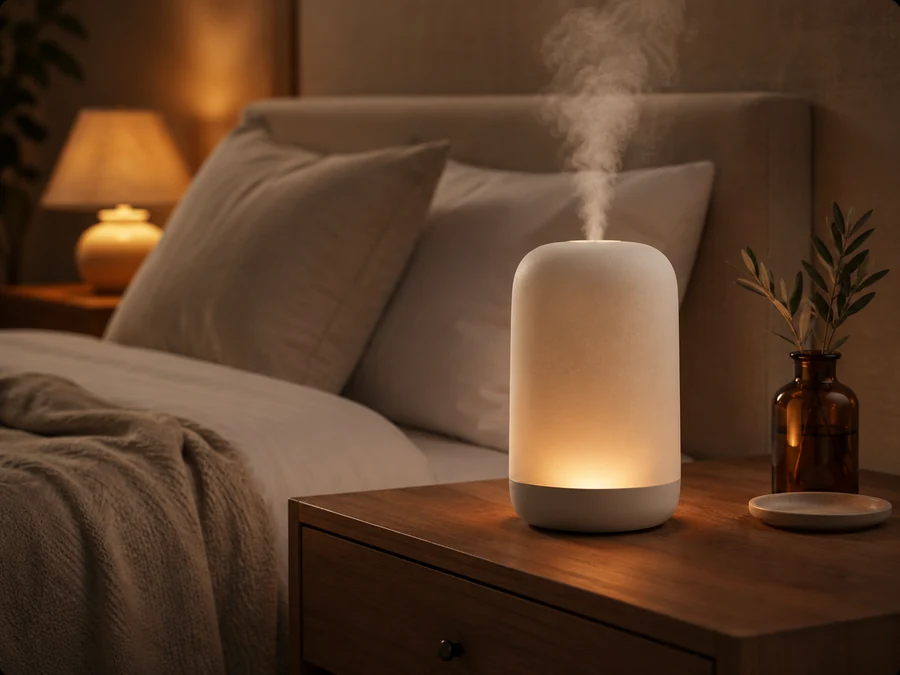Quiet humidifier in a cozy bedroom with warm candlelight