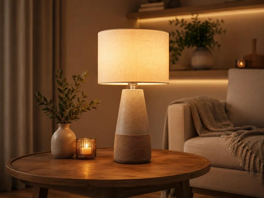Warm smart lighting scene in a cozy neutral room