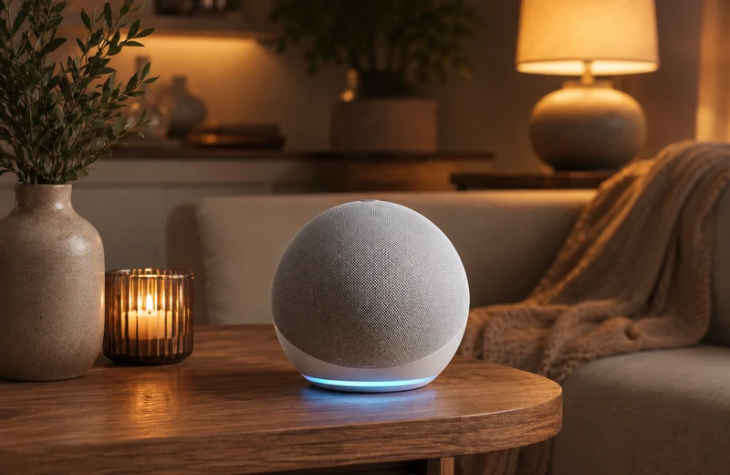 Cozy room with a smart speaker and warm lamp styling
