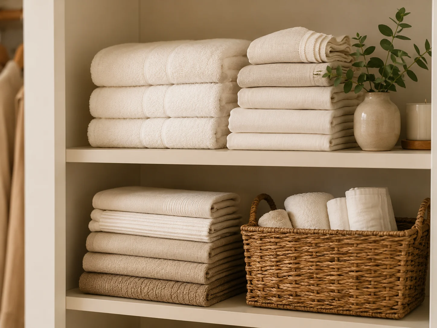 Woven basket with rolled towels, cleaning bottles, candle, and plant for a calm storage corner