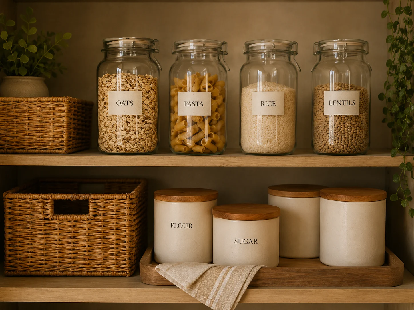 Organized pantry shelf with labeled glass jars, wicker baskets, and warm natural tones