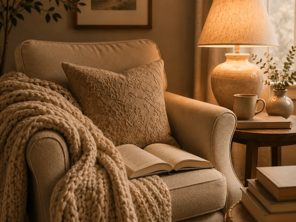 Cozy reading nook with armchair, open book, warm lamp, stacked books, and knitted throw.