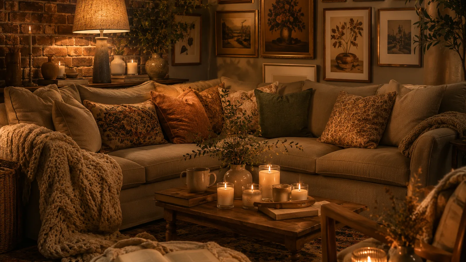 Cozy maximalist living room with warm lighting and layered details