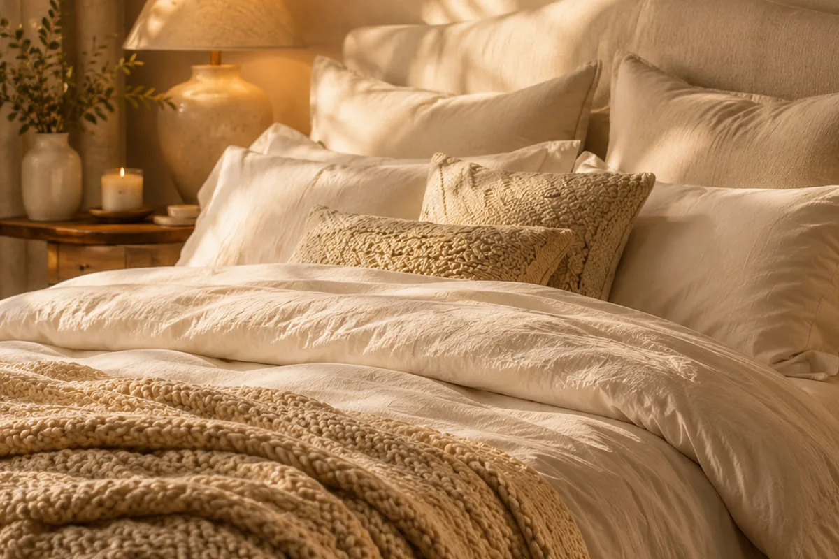 Layered soft bedding in a calm bedroom