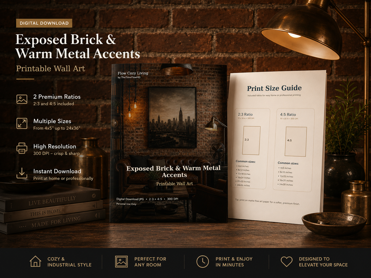 Exposed Brick and Warm Metal Accents printable wall art bundle with print size guide