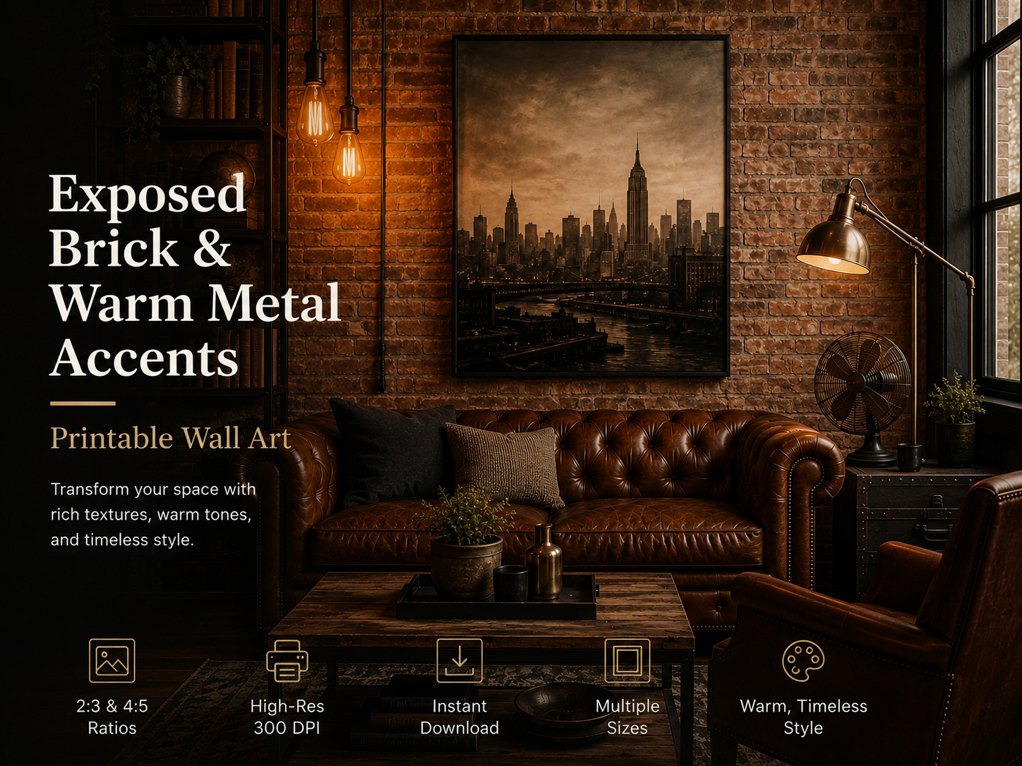 Exposed Brick and Warm Metal Accents printable wall art preview with ratio, high resolution, instant download, and style icons