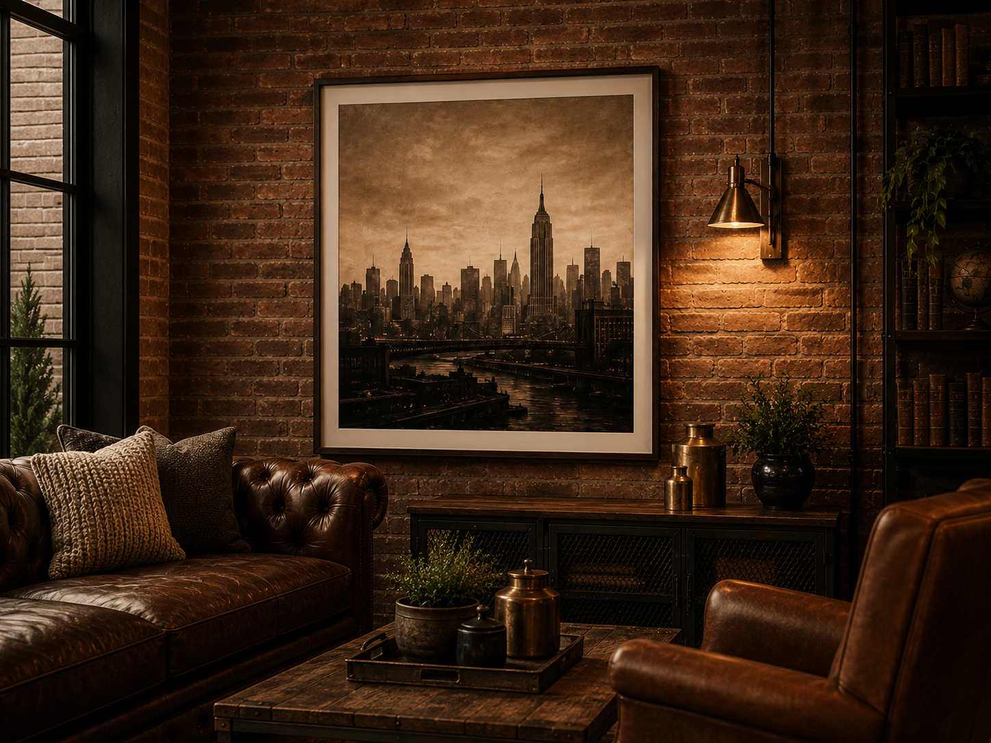 Framed warm industrial city wall art above a leather sofa and exposed brick wall