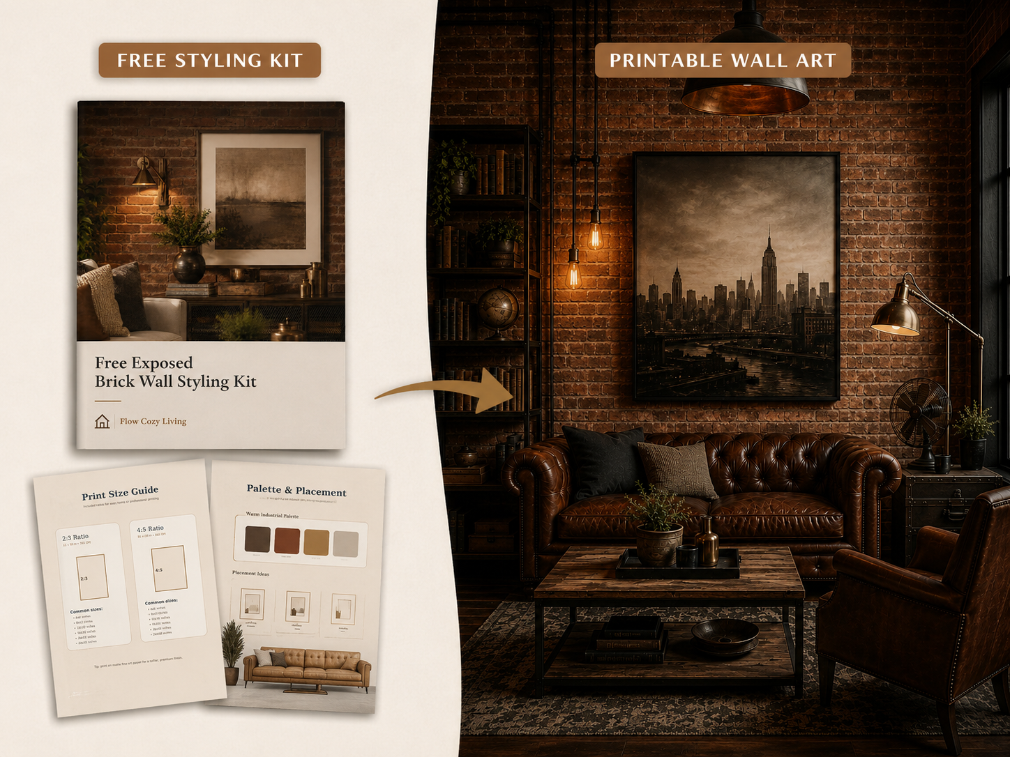 Free styling kit leading into matching printable wall art for an exposed brick living room