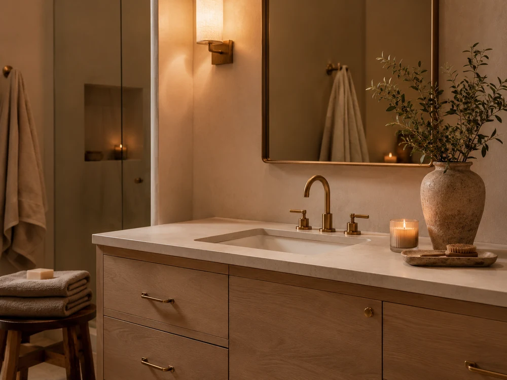 Spa-like bathroom vanity with warm sconces, brass mirror, candle, and soft towels