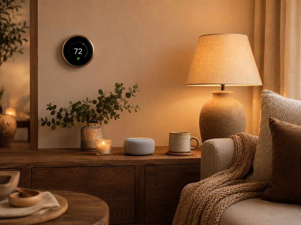 Smart home comfort scene with thermostat, smart speaker, warm lamp, candle, and cozy textiles