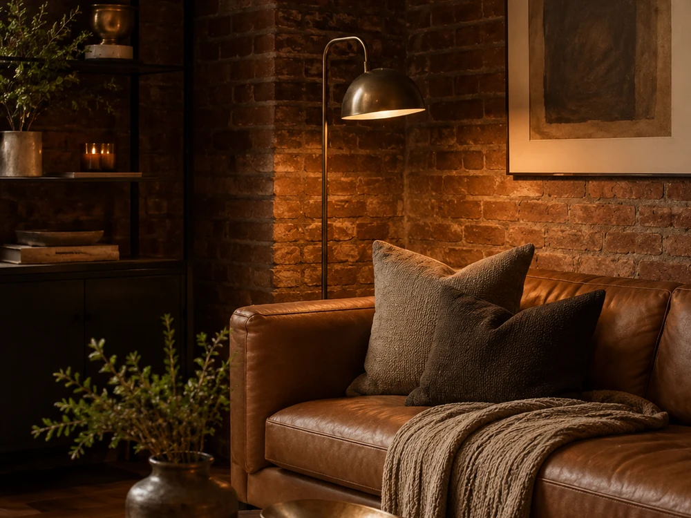 Exposed brick living room with warm metal lamp and cozy leather sofa