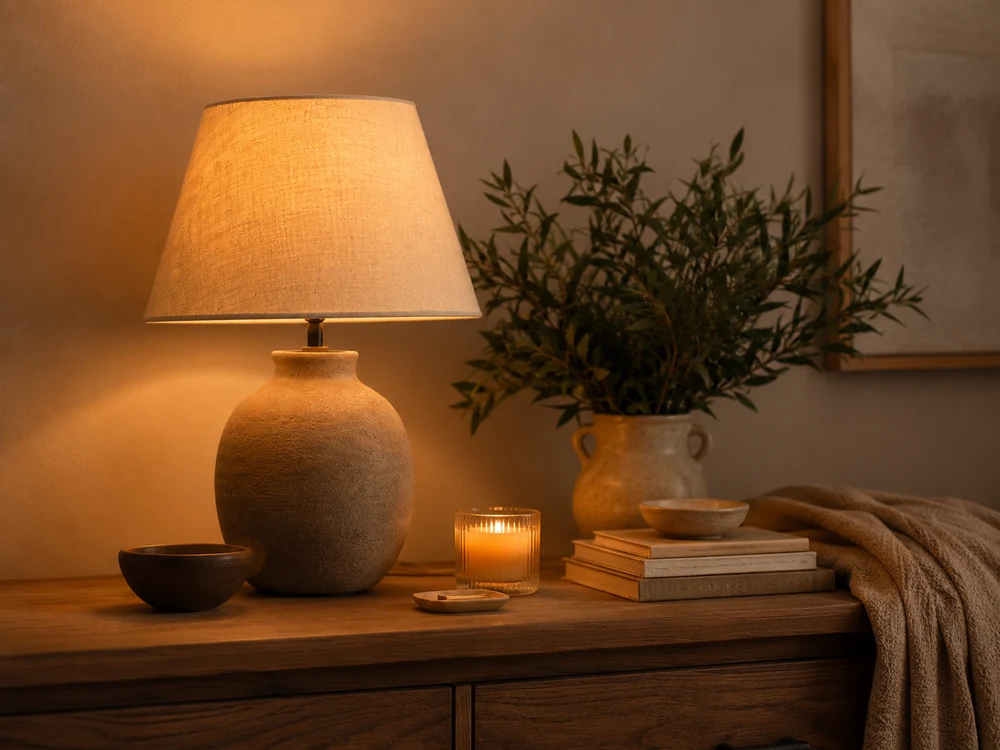 Warm console lamp, candle, books, olive branches, and cozy evening textures