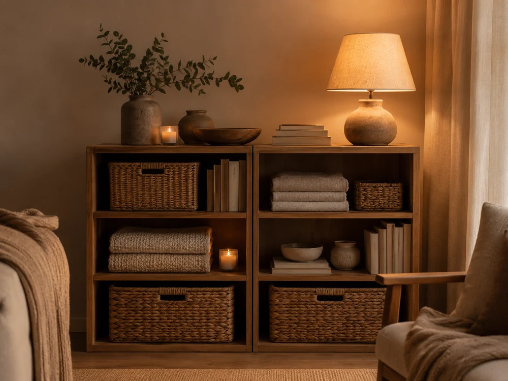 Evening reset corner with journal, mug, candle, and soft bedding