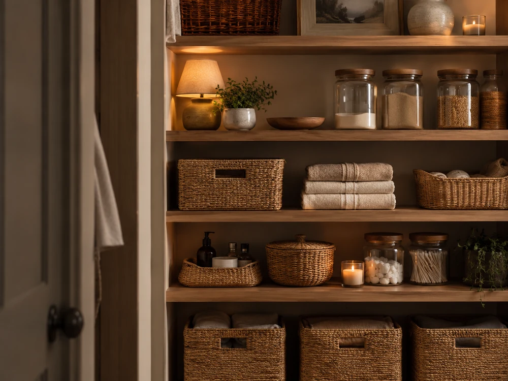 Warm storage shelf with woven baskets, folded blankets, and books