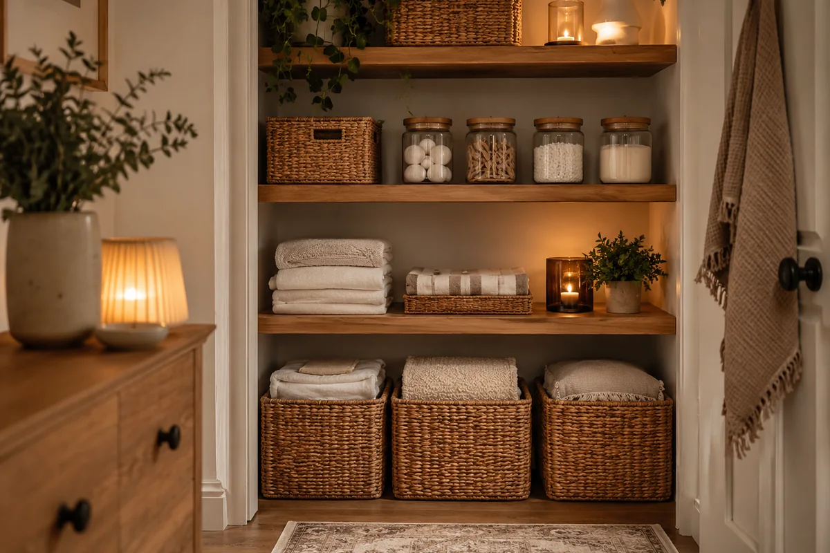 Soft storage baskets in a calm home corner